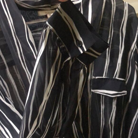 Pleione Sheer Black and White Striped Long Sleeve Blouse XL - Picture 5 of 6